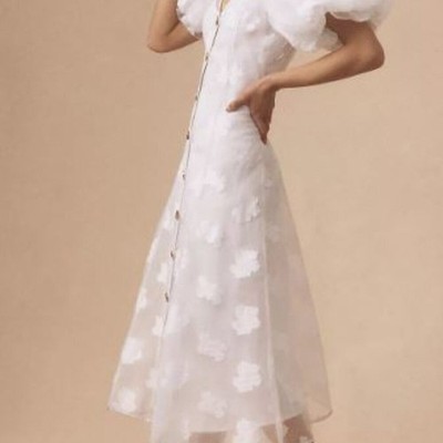 Let Me Be Anthropologie Puff Sleeve White Button Up Floral Sheer Midi Dress- NWT