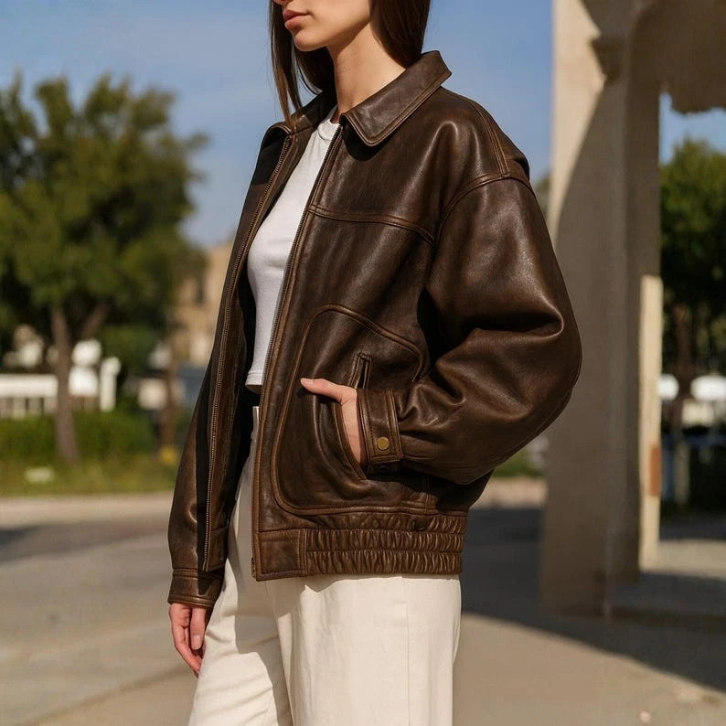 Women’s 80s Oversized Brown Sheep Leather Jacket, Vintage Distressed Bomber Coat