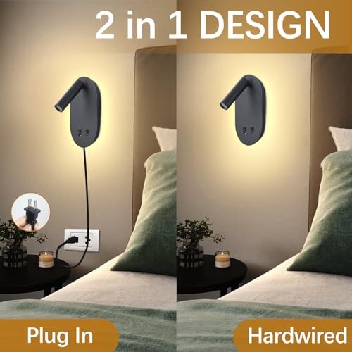 Wall Lamp Plug in Hardwired 2 in 1 Wall Sconces, Wall Mounted 1 Pack Black
