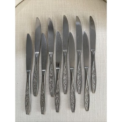 10 Customcraft CUS1 Stainless Textured Floral Rose Dinner Knife Flatware 8 1/8''