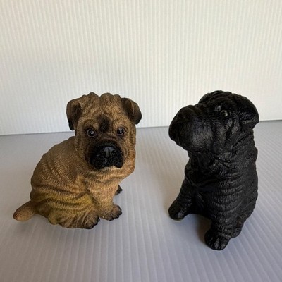 Vintage Shar Pei Resin Dog Figurine Set Brown & Black Collectible Sculpture 4 