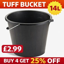 Black Plastic Tuff Bucket 14L Heavy Duty Water Feed Storage Handle -For builders