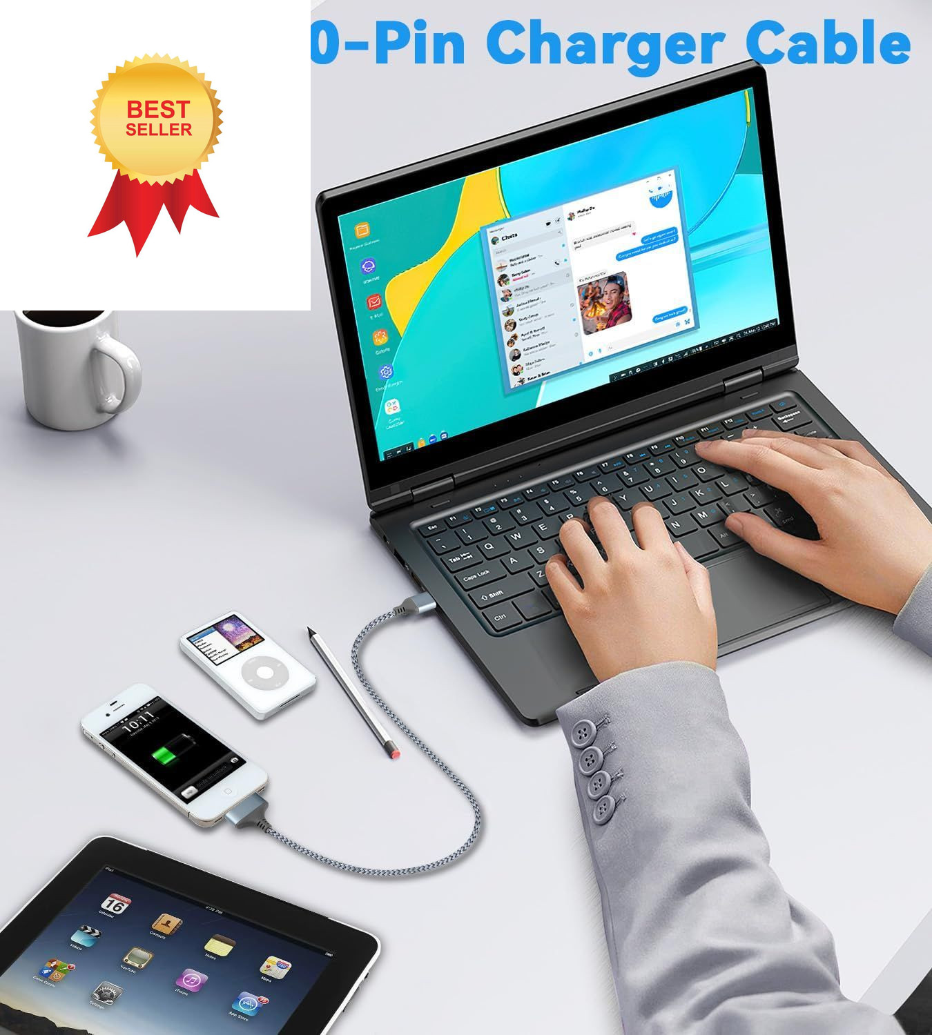 Herfair USB to 30 Pin Charger Cable (10FT) Nylon Braided Fast 3M/10FT 