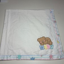 Vintage Cuddle Time White Teddy Bear Baby Blanket Blocks Pastel Embroidered