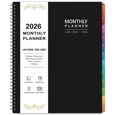 Student Planner 2026, 12 Month Schedule, 9x11 Size, Colorful Sections, Black