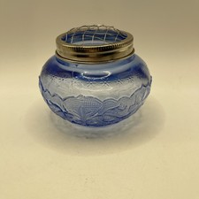 Floral Blue Pressed Glass Jar with Wire Flower Arranger Lid 3.5"