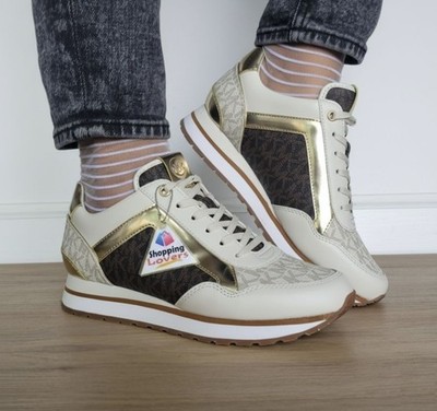  MK MADDY Womens Trainer Sneaker 6.5 Monogram Gold Brown Casual Lifestyle Shoes