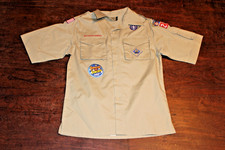 Boy Scouts of America BSA Youth Shirt Tan Large Glued Patches Short Sleeve