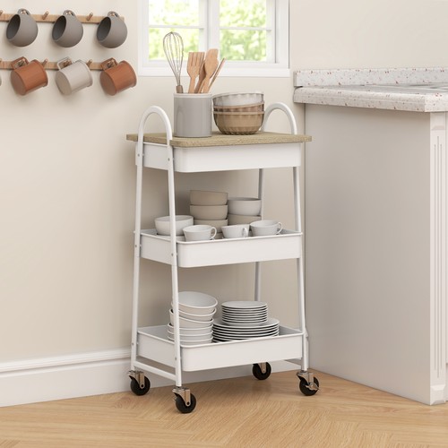 HOMCOM Rolling Utility Cart with Mesh Baskets for Kitchen White Oak - Picture 10 of 11