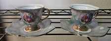 Pair of Lusterware Japan Hand Painted Courting Couple Demitasse Tea Cup  Saucer