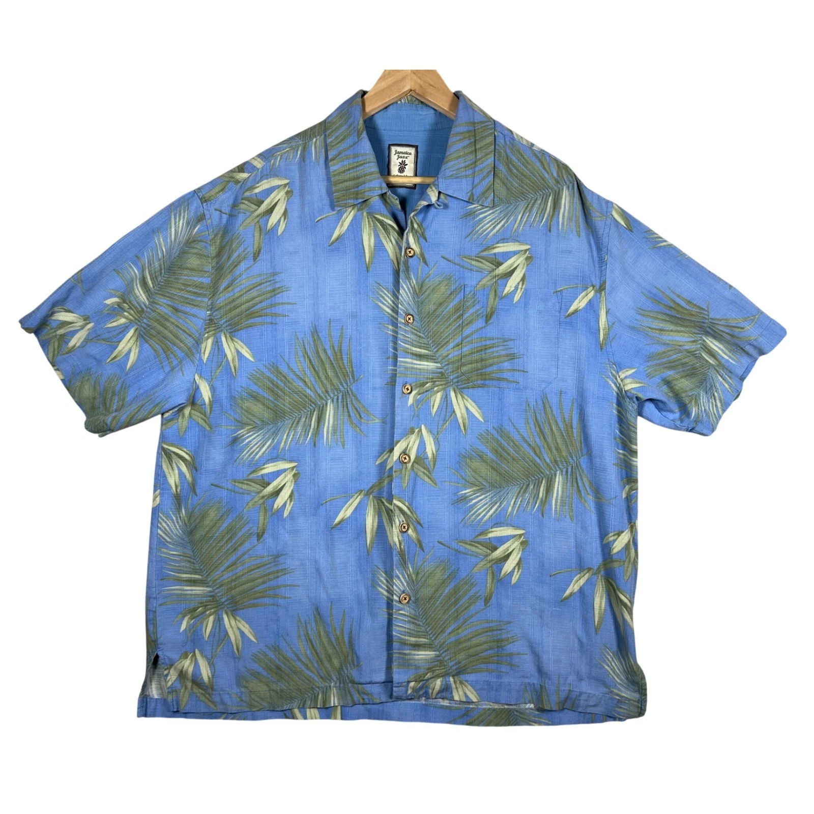 Jamaica Jaxx XL Silk Hawaiian Shirt Blue Green Tropical Palm Tree Button Up