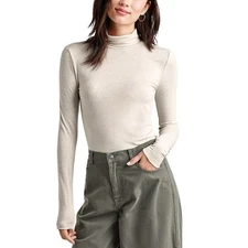 Splendid Women Pale Oak Heather Bamboo Jersey Casual Turtleneck Tee Size L