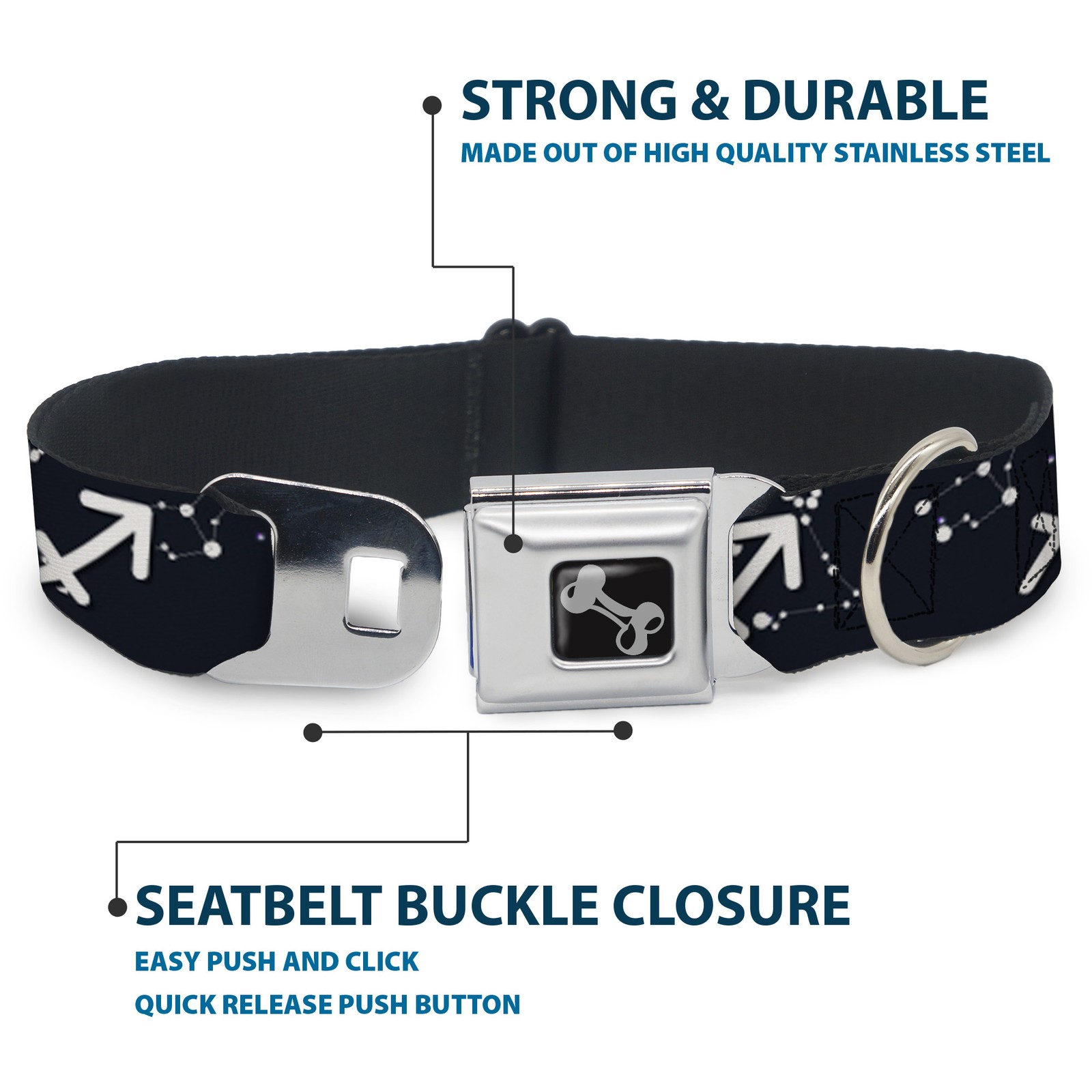 Dog Collar Bone Zodiac Sagittarius Symbol/Constellations Black/White Medium 11-1