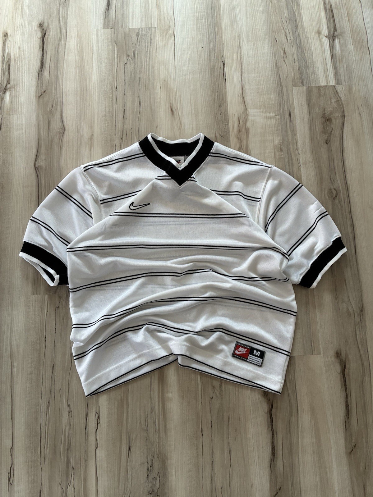 Vintage 90s Made in USA White and Black stripped Soccer/Football Jersey