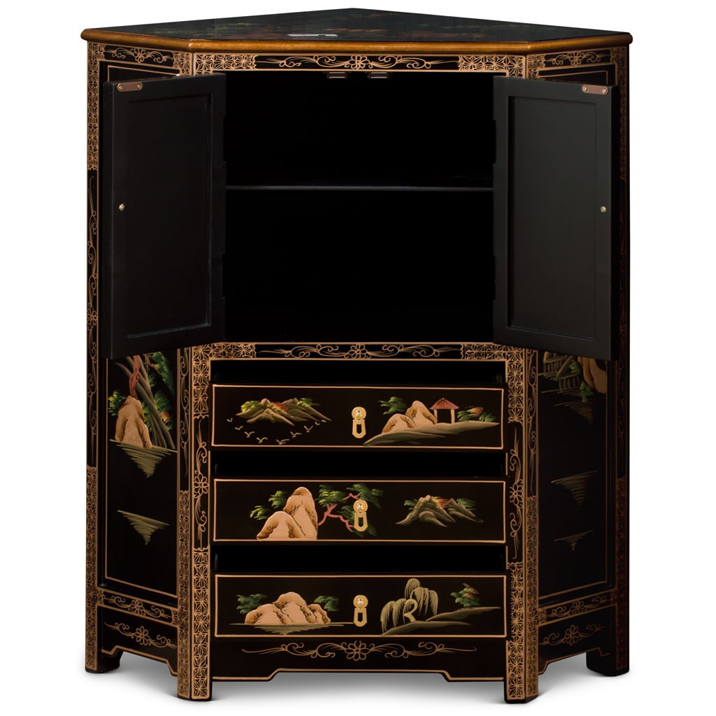 US Seller - Black Lacquer Chinoiserie Landscape Oriental Corner