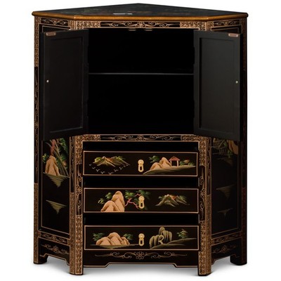 US Seller - Black Lacquer Chinoiserie Landscape Oriental Corner