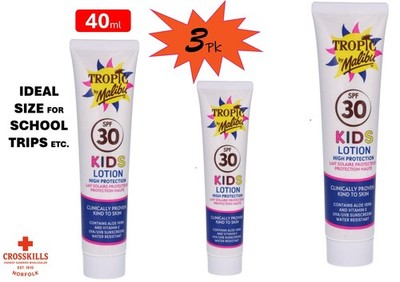 MALIBU KIDS LOTION 40ml x 3 -HOHER SCHUTZ-30SPF-UVA ++++ BEWERTUNG-BRANDNEU