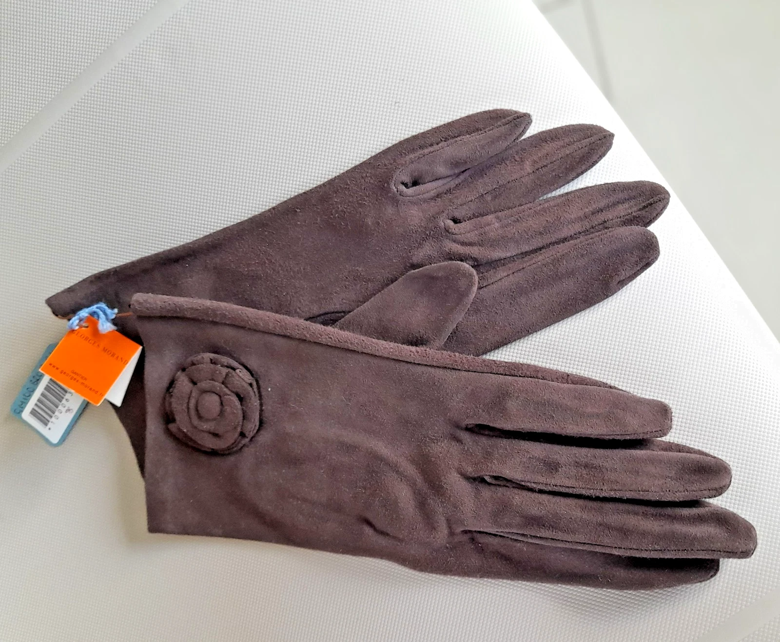 Georges Morand brown suede kid leather wrist length gloves