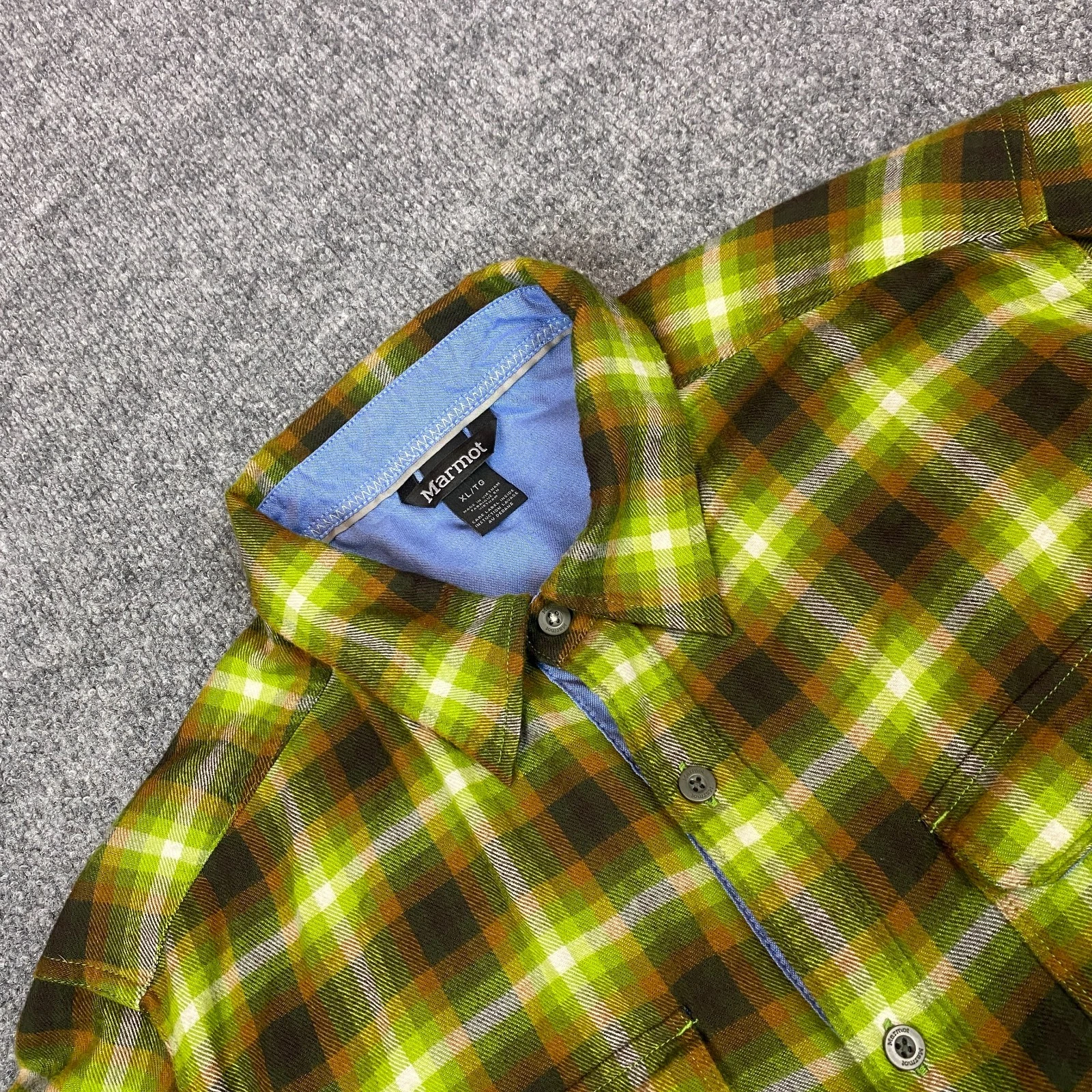 Marmot Flannel Shirt Men's XL Green Plaid Pockets Outdoor Hiking Button Up
