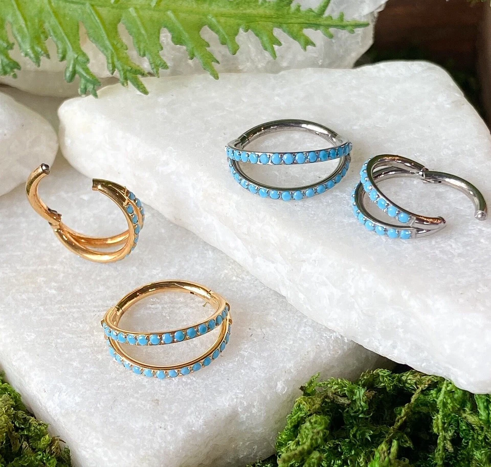 1 peça anel segmento articulado titânio duplo exterior turquesa septo argola hélice Daith - Imagem 4 de 4