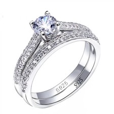 Beautiful S925 Sterling Silver & Sparkling CZ Solitaire / Eternity Ring Set