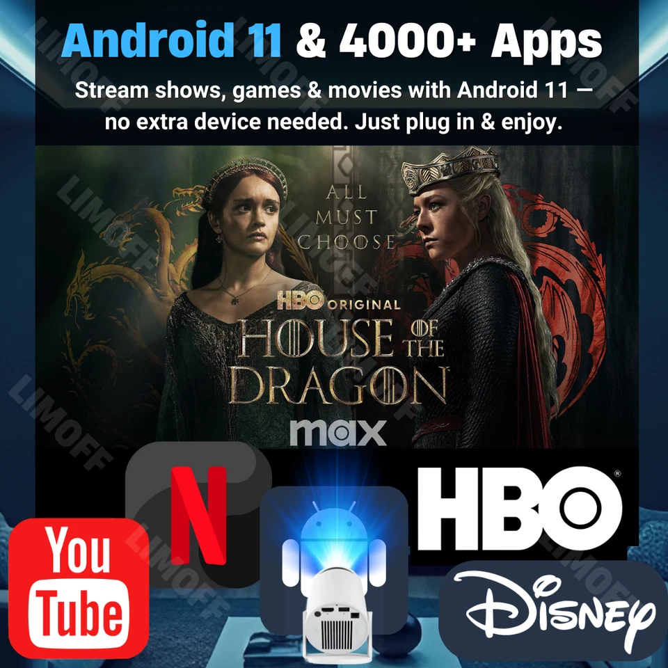 4K UHD Mini Smart Beamer 5G WiFi Heimkino Projektor LED Bluetooth Android LIMOFF - Bild 3 von 4