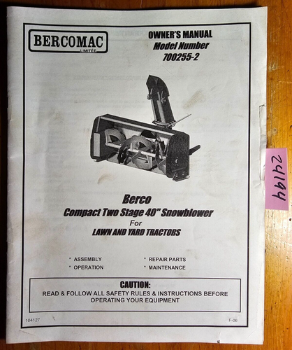Bercomac Berco 40" kompakte zweistufige Schneefräse für Rasen & Hof Traktor Handbuch