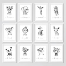 Grey Black & White Safari Baby Animal Nursery Prints Childrens Wall Art Pictures