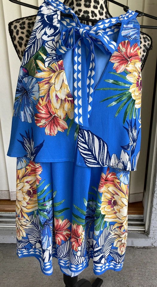 Pantalones Cortos Mameluco Sin Mangas Cuello Atado Floral Tomate Volador Azul Pequeño I2319 Foto 2 de 4