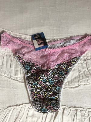 Womens  Bow Deco thong panties Hipster Bikinis Knickers size 6 w lace 95% Cotton