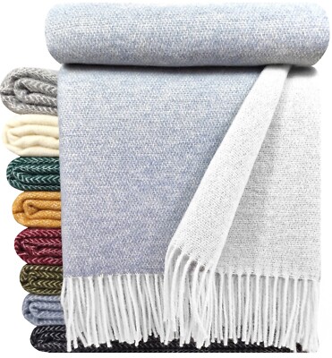 Wolldecke 100% Schurwolle Wohndecke Plaid Decke 140 x 200 cm Weiß-Hellblau (DF)
