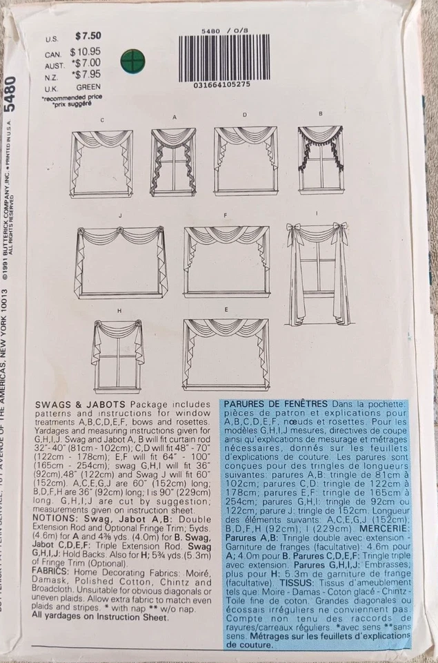 BUTTERICK Sewing Pattern 5480 Waverly Window Treatments Easy To Do Swags Jabots - Image 2 of 3