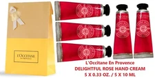 5 PC L'Occitane DELIGHTFUL ROSE HAND CREAM Travel Size MANI PEDI 5 X 0.33 OZ NIB