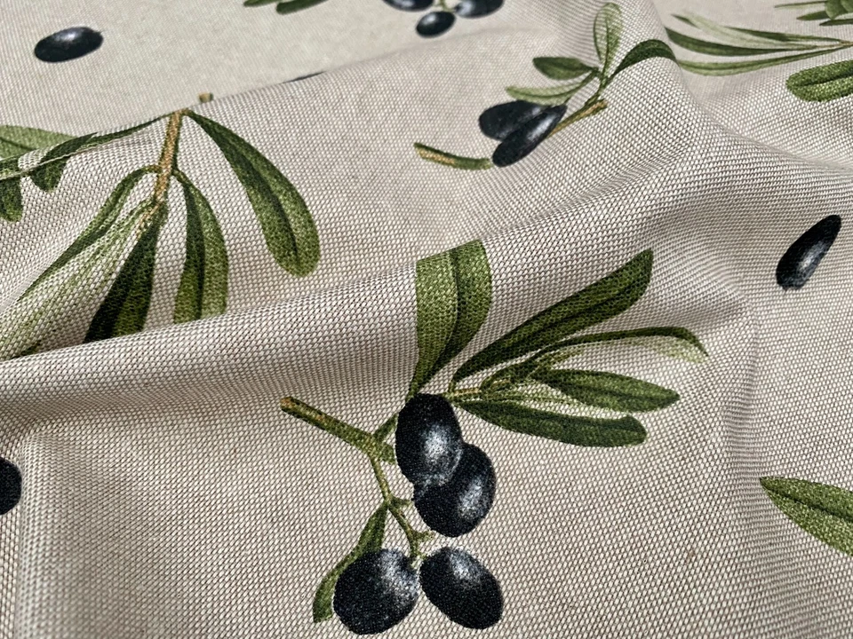 Cortina de tecido estampada de linho ramo de azeitonas preto material folha verde 55" de largura - Imagem 3 de 4