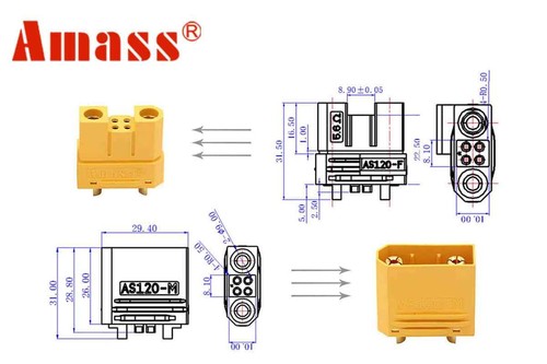 Amass AS120 1 Paar 10AWG 6 Pin Balance Batteriestecker 120A AS120-F AS120-M LI - Bild 2 von 3