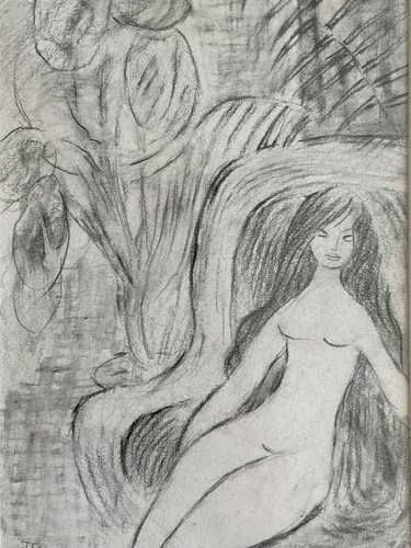JANET RICHARDS Signed Vintage Pencil Drawing Reclining Female Interior 1960s - Picture 3 of 5