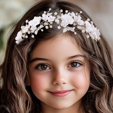 Flower Girls Headpiece Silver Pearl Wedding Headpiece Leaf First Communion Ha...