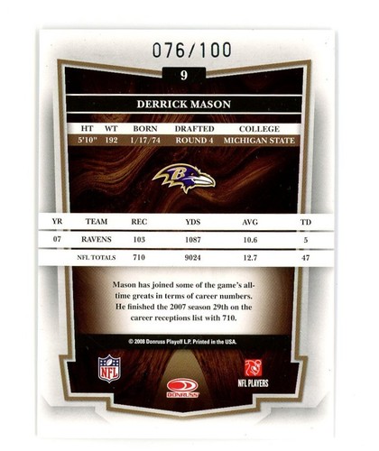 2008 Donruss Classics Timeless Tributes Silver Derrick Mason /100 - Bild 2 von 2