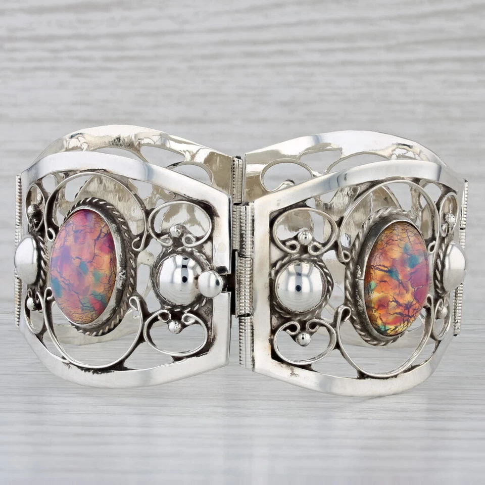 Imitation Opal Glass Statement Bracelet Sterling Silver Vintage Ornate 7.25" - Image 4 of 4
