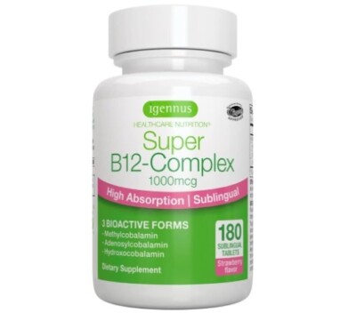 Super B12-Complex 1000mcg, Sublingual Vitamin B12, Methylcobalamin, 180 tablets