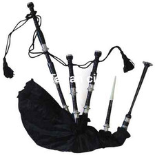 TC Scottish Bagpipe Black Silver Mounts Velvet Bag Cord Free Carrying bag