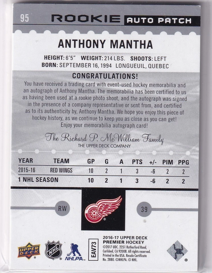 2016-17 Anthony Mantha Upper Deck Premier Autograph Patch 237/299 - Image 2 of 2