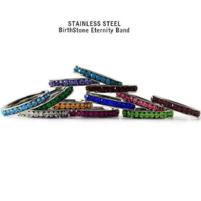 3mm Stackable Stainless Steel Eternity Band Ring w/ Crystal Birthstones