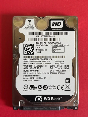 WD 750Gb Laptop Festplatte 7200 RPM SATA II HDD WD7500BPKT-75PK4T0