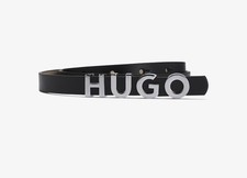Image of HUGO Zula Leather Belt Black Size 32” 85cm Logo Detail Genuine Leather NEW