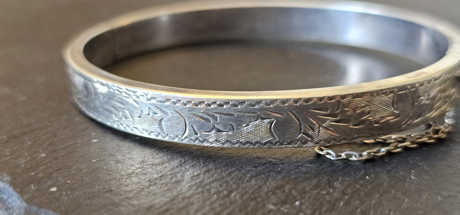 Photo 3 of Sterling Silver Bangle With Engraved Design, Safety Chain Small Wrist 11grams
