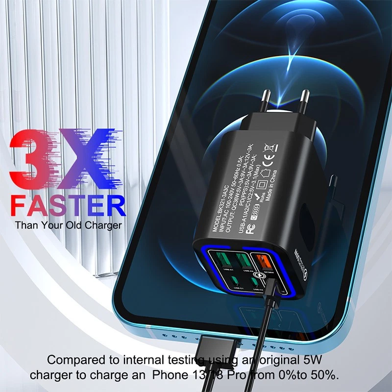 Maleyin 50W Schnell Ladeadapter 6-Port USB-C + USB-A Ladegerät Poweradapter - Bild 4 von 4