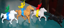 Vtg Set 7 Marx 1950s Rodeo Rider Toys Vinyl Plastic 3 COWBOYS  4 HORSES Multi