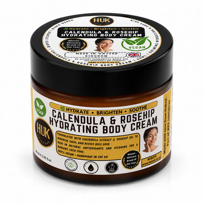 Calendula & Hagebutte feuchtigkeitsspendende Körpercreme 60 ml vegane Feuchtigkeitscreme trockene stumpfe Haut UK