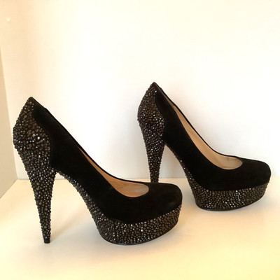 Enzo Angiolini Beccalynn Black Suede Platform  Rhinestone Heels - Size 6